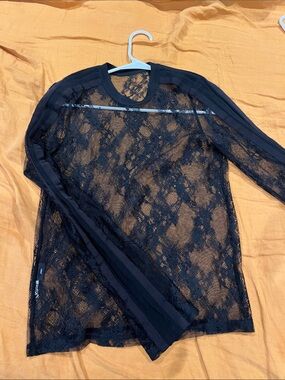 JNBY Sheer Black Lace Long Sleeve Top with Sleeve Stripe